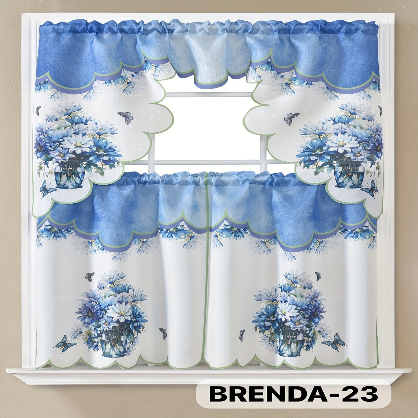 Three-Piece Patterned Kitchen Curtain Set with One Valance, Two Tiers and Forty-Six Exact Design Options