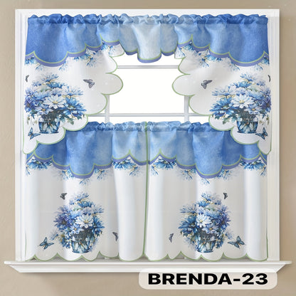 Three-Piece Patterned Kitchen Curtain Set with One Valance, Two Tiers and Forty-Six Exact Design Options