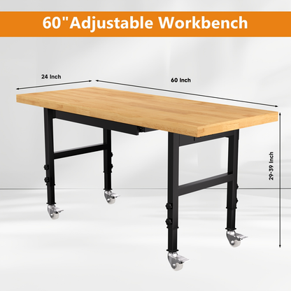 Garage Workbench Solid Wood Tool Desk with Drawers, Power Outlets & Swivel Casters, 48"/60"/70" Heavy-Duty Workshop Bench for Home Garage & Workshop