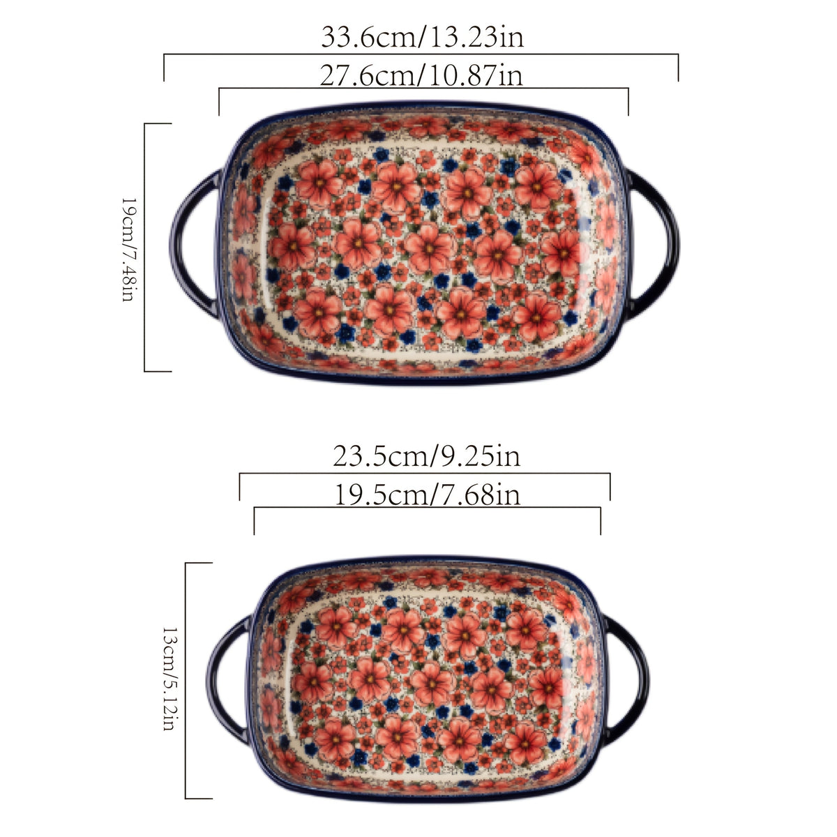 Ceramic Baking Dish Set of 2 Large 13 Inch Rectangular Casserole Dish Porcelain Bohemian for Entryways, Bedrooms and Living Spaces