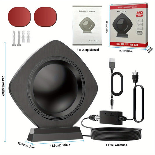 TV Antenna with Circular Omnidirectional Body, Powered Signal Amplifier, Coaxial Cable and Indoor Stand