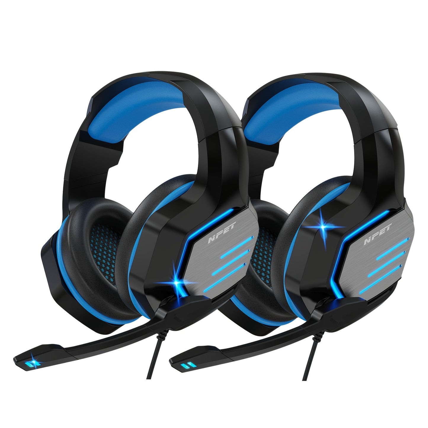 NPET Gaming Headset PS4 PS5 Xbox One PC Noise Cancelling Mic Stereo Over-Ear Headphones Blue LED Bass Surround Sound Soft Memory Earmuffs Wired 1-Pack 2-Pack Bundle