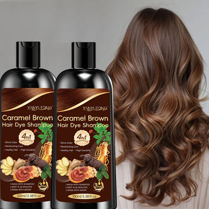 Hair Color Shampoo, YANYUTONG 4-in-1 Caramel Brown Two-Bottle Set with 3.38oz in Each Bottle