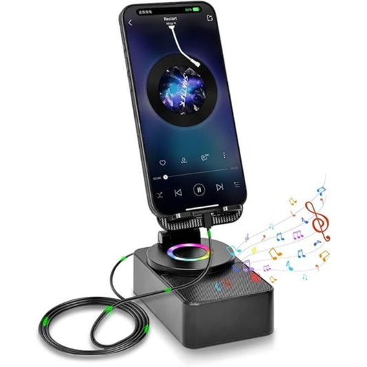 Induction Wireless Speaker Phone Holder Stand 3-in-1 – Foldable Tabletop Mount with Stereo Bass Amplifier, High-Capacity Emergency Battery, Compatible with iPhone & Android Tablets and Smartphones