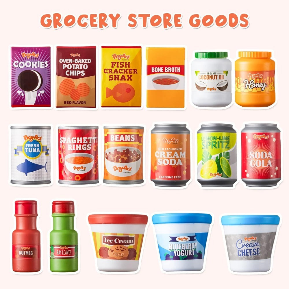 30 Pcs Play Food Grocery Cans Set - Pretend Kitchen Toy with Drinks, Juice, Snacks & Yogurt, Safe