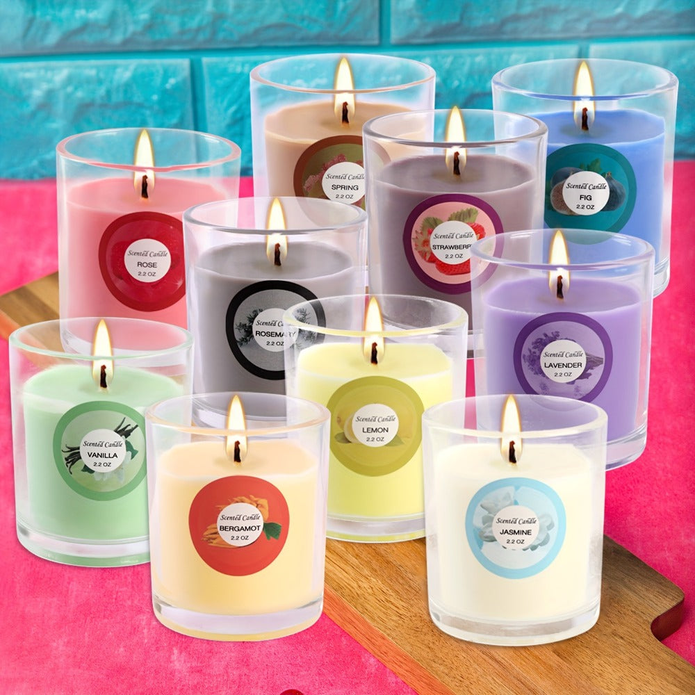 20-Piece Candle Gift Set with Glass Jars, Ten Fragrance Label Styles and Multicolor Assortment