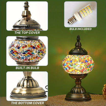 Table Lamp with Mosaic Glass Globe, Metal Base, Seven Color or Pack Options and Three White-Light Modes