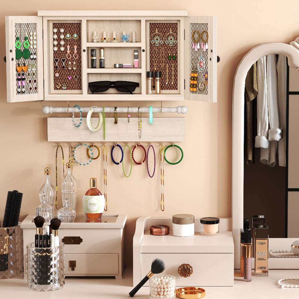 Wall-Mounted Wood Jewelry Organizer – Rustic Hanging Display Shelf with Removable Bracelet Rod & Hooks for Necklaces, Rings & Bracelets, Space-Saving Dressing Room Decor