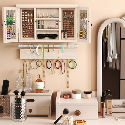 Wall-Mounted Wood Jewelry Organizer – Rustic Hanging Display Shelf with Removable Bracelet Rod & Hooks for Necklaces, Rings & Bracelets, Space-Saving Dressing Room Decor