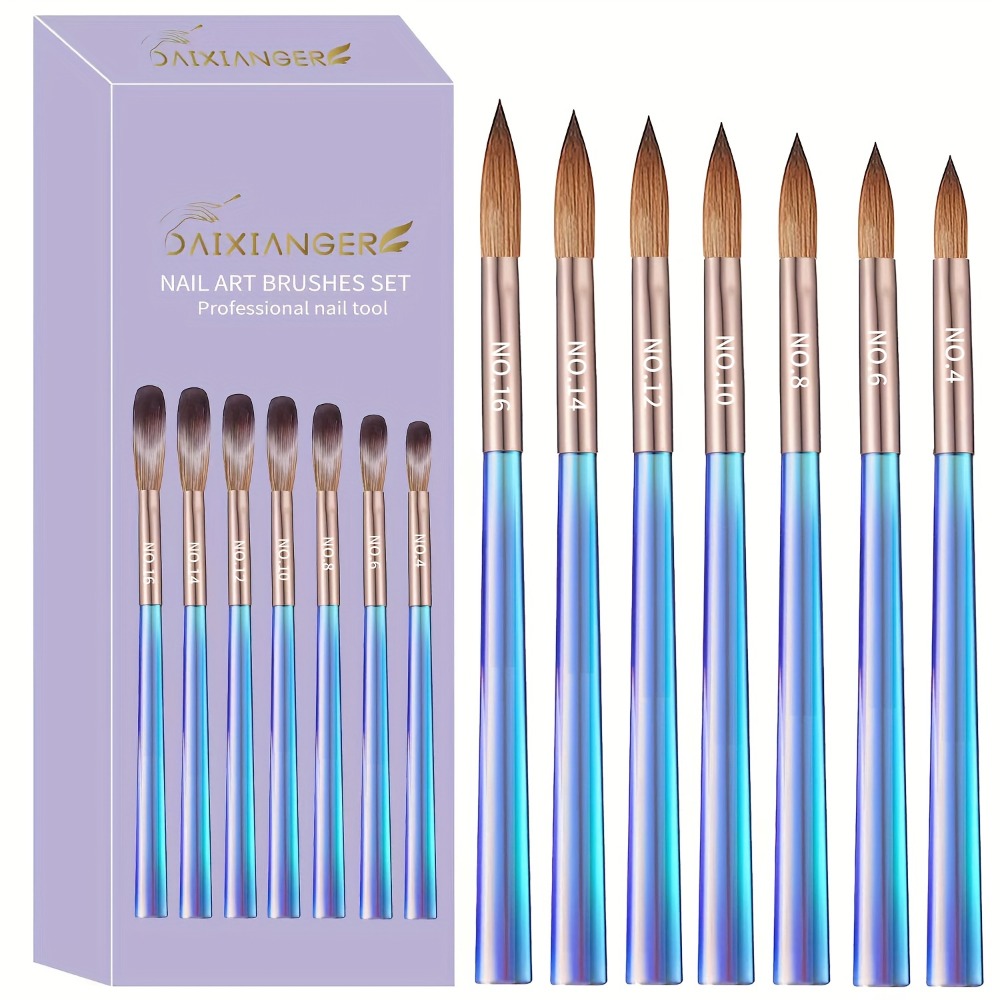 Seven-Piece Nail Art Brush Set with Aurora Blue Handles for Painting, Lining, Dotting and Sculpting