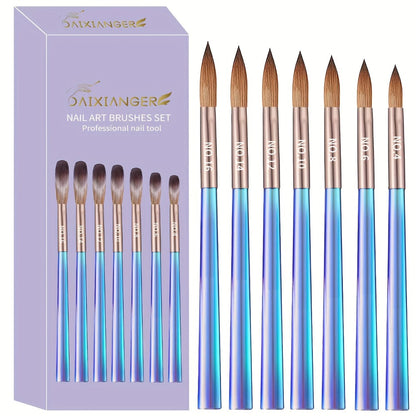 Seven-Piece Nail Art Brush Set with Aurora Blue Handles for Painting, Lining, Dotting and Sculpting