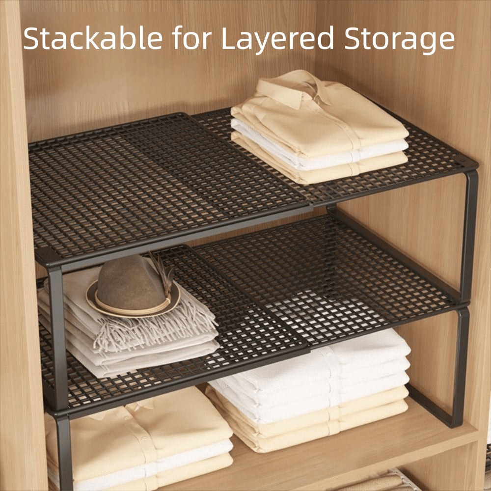 Expandable Storage Rack with Retractable Metal Shelf, Stackable Layout and Black Black Version