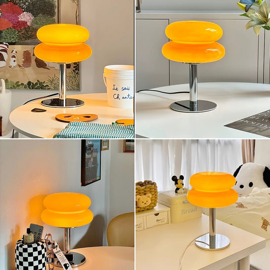 Table Lamp with Orange Three-Tier Glass Mushroom Shade, Metal Stand and Dimmable Bedside Format