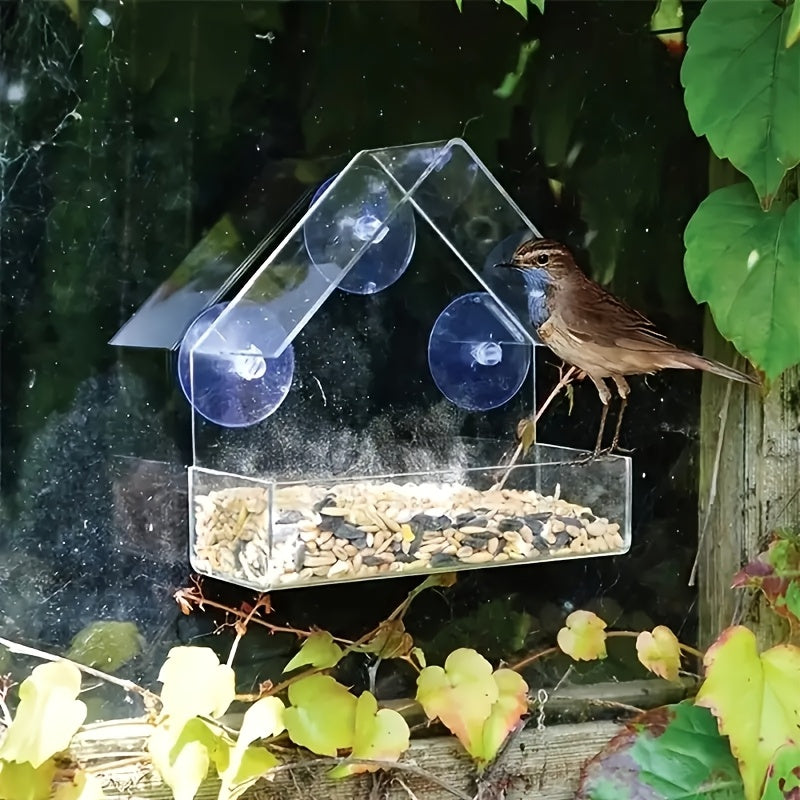Clear Window-Mount Bird Feeder with Suction Cups, Roofed Seed Tray and Transparent Single Checkout