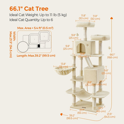 44- or 66-Inch Cat Tree Condo with Cave, Hammock, Raised Platforms and Four Color Options for Indoor Cats