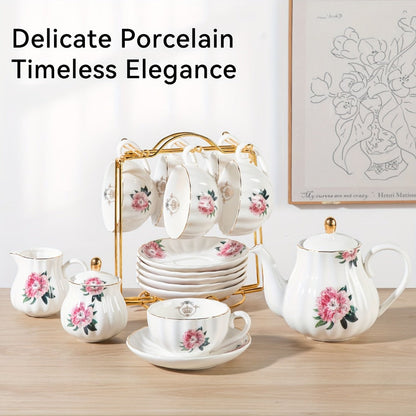 Floral Porcelain-Style Tea Service Set for Six in Five Coral, Peach, Rose, Peony or Spring Designs