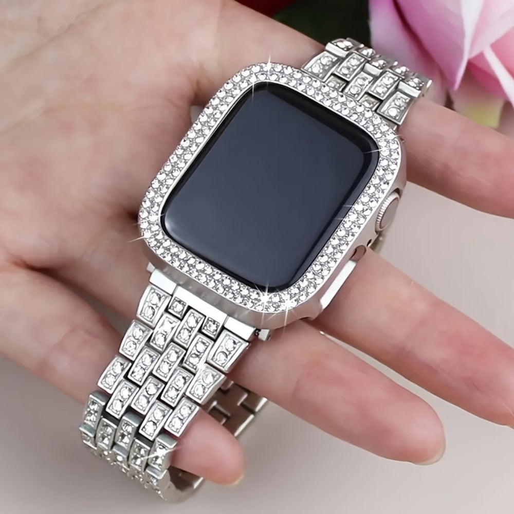 Rhinestone Diamond Bling Apple Watch Band for Women Girls – Five-Point Diamond Double-Row Crystal Strap Compatible with Apple Watch Ultra 2 Series 10 9 8 7 6 5 4 3 2 1 SE 38 40 41 42 44 45 49mm Gift