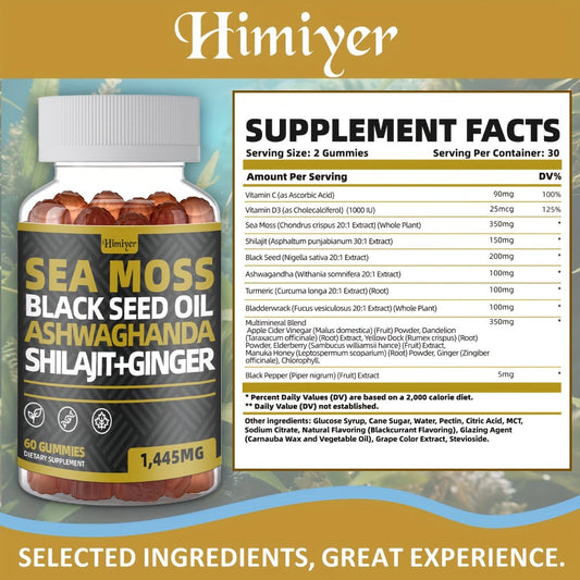 Sea Moss Gummies with Black Seed Oil, Ashwagandha, Shilajit, Elderberry, Chlorophyll, Turmeric & Bladderwrack – 8-in-1 Immune & Whole Body Wellness Supplement, 60 Gummies 2-Month Supply