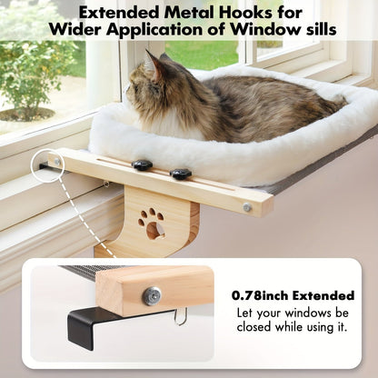Padded Cat Windowsill Perch with 55x38cm Wood Platform, Metal Hooks, Rubber Pads and Adjustable Fit