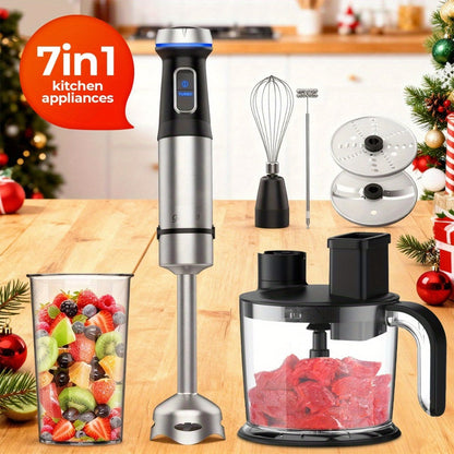 Silver 7-in-1-Labeled Immersion Blender Set with 1500ml Chopper, 800ml Beaker, Whisk and Frother