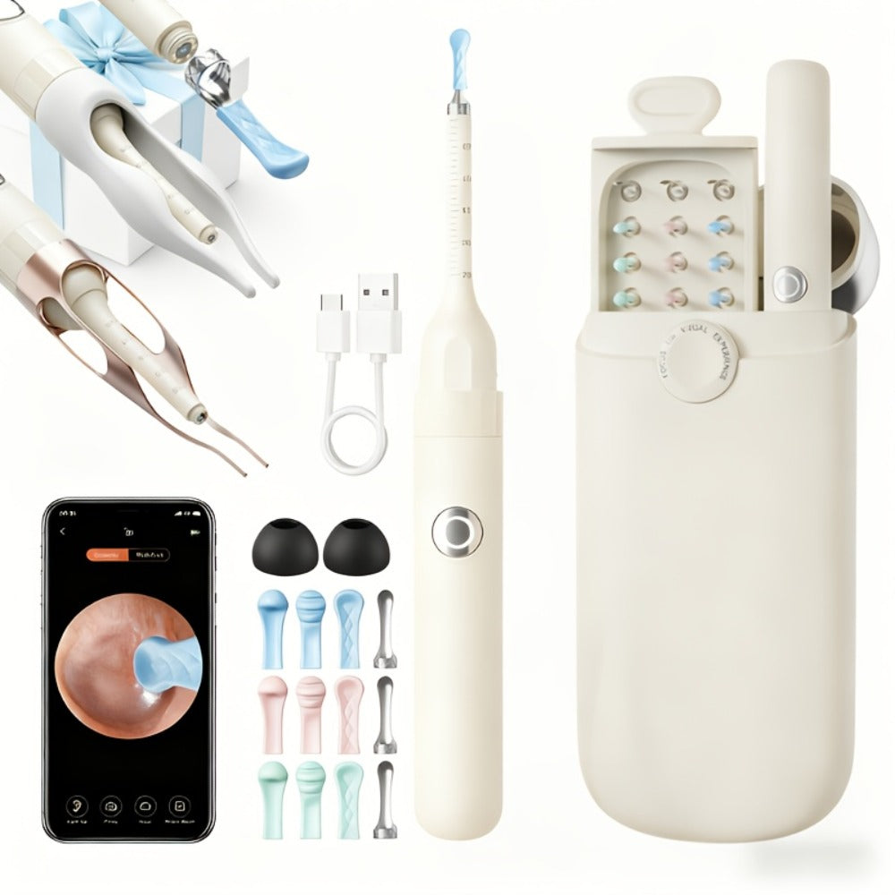 Rechargeable Camera Ear Cleaning Set with LED Light, Silicone Tips, Storage Case and Creamy White or Blue Finish