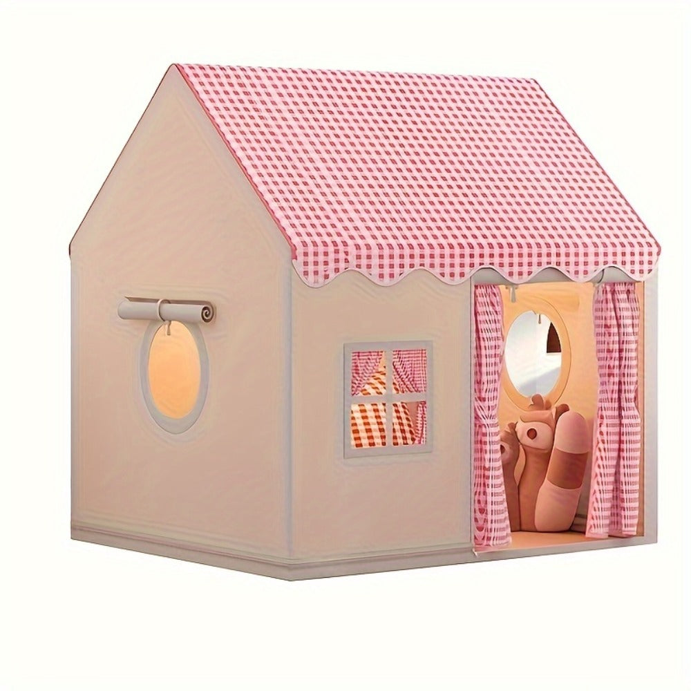 Checked Cabin Kids Play Tent in Pink, Khaki or Yellow with 130 x 120 x 100cm House Frame and Scalloped Roof