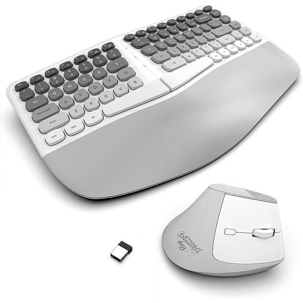 Ergonomic Wireless Keyboard and Mouse Combo with Wrist Support Anti-RSI Silent Keys 2.4GHz Plug-and-Play Gray Gradient Design for Office Home Remote Work Typing Comfort (KLZO)
