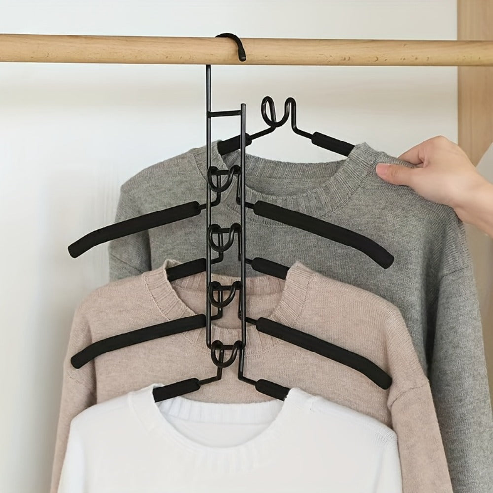 Five-Tier Cascading Clothes Hanger Organizers with Padded Arms in a Two-Piece Black Set for Closets