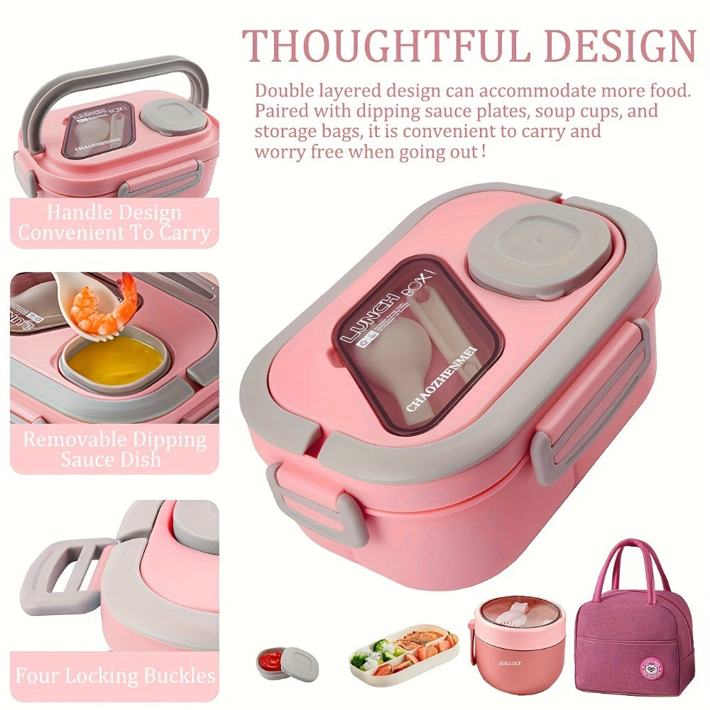 Two-Layer Bento Box Set with Multiple Compartments, Cup, Carry Bag, Cutlery and Sauce Container