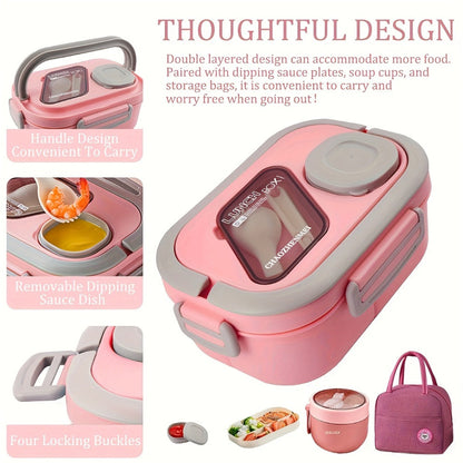 Two-Layer Bento Box Set with Multiple Compartments, Cup, Carry Bag, Cutlery and Sauce Container