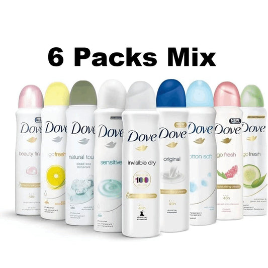 Dove Deodorant Body Spray for Women Antiperspirant 6 Pack Variety Set 48H Protection Invisible Dry Alcohol Free Fresh Scent Long Lasting 150ml Each Bulk Value Gift Set