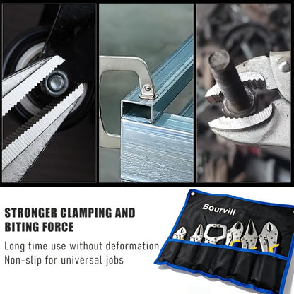 Locking Pliers Set 6pcs Heavy Duty, Includes Needle Nose Pliers 6.5" & 9.5", Curved Jaw Locking Pliers 5" 7" 10", C-Clamp L-Type Pliers with Roll Bag & Ergonomic Metal Handles for Auto, DIY & Workshop