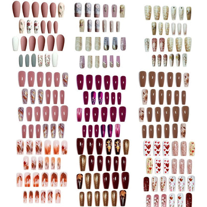 Press On Nails 216-Piece Middle Ballet Nine-Pack Mixed Flower Maple Glossy Set with Jelly Adhesive and File