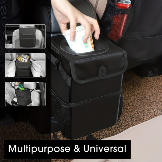Hanging Car Trash Can with Lid & Storage Pockets - Leak-Proof Polyester Fiber Automotive Garbage Bin for Headrest & Console, Multi-Purpose Vehicle Waste Bag, Black