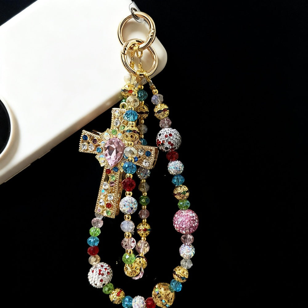Colorful Crystal Cross Phone Chain Keychain with Rhinestone Beads and Gold-Tone Clasp for Bags or Phones