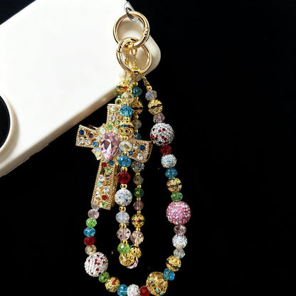 Colorful Crystal Cross Phone Chain Keychain with Rhinestone Beads and Gold-Tone Clasp for Bags or Phones