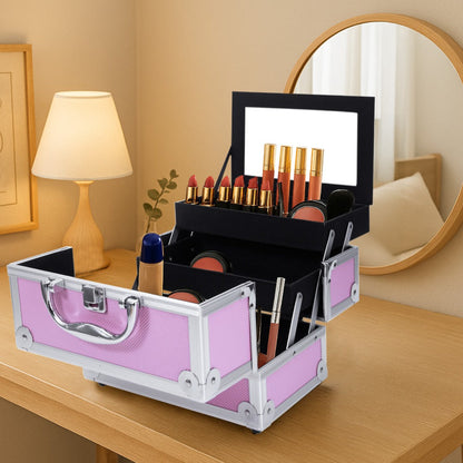 Tabletop Makeup Carry Case with Mirror, Fold-Out Trays and Dividers in Black, Silver or Pink