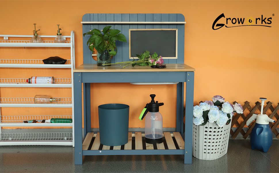 Potting Bench Table Cedar Wood Garden Workstation with Blackboard Removable Sink Hooks Double Shelf for Patio Balcony Courtyard Outdoor Planting Work Bench