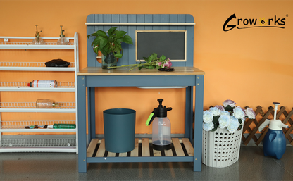 Potting Bench Table Cedar Wood Garden Workstation with Blackboard Removable Sink Hooks Double Shelf for Patio Balcony Courtyard Outdoor Planting Work Bench