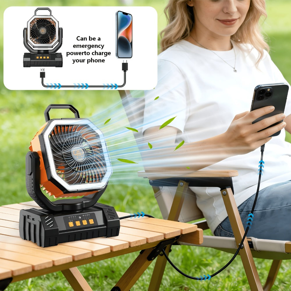 Camping Fan 20000mAh Tabletop and Hanging Fan with 4 Speeds, 13-59 Hour Labeled Runtime, LED Ring and Remote