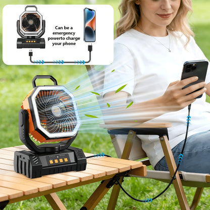 Camping Fan 20000mAh Tabletop and Hanging Fan with 4 Speeds, 13-59 Hour Labeled Runtime, LED Ring and Remote