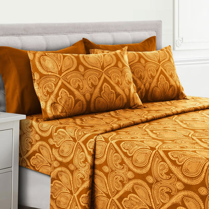 Bed Sheet Set Paisley Brushed Polyester in 4- or 6-Piece Sizing with 16-Inch Pocket and Wash Instructions