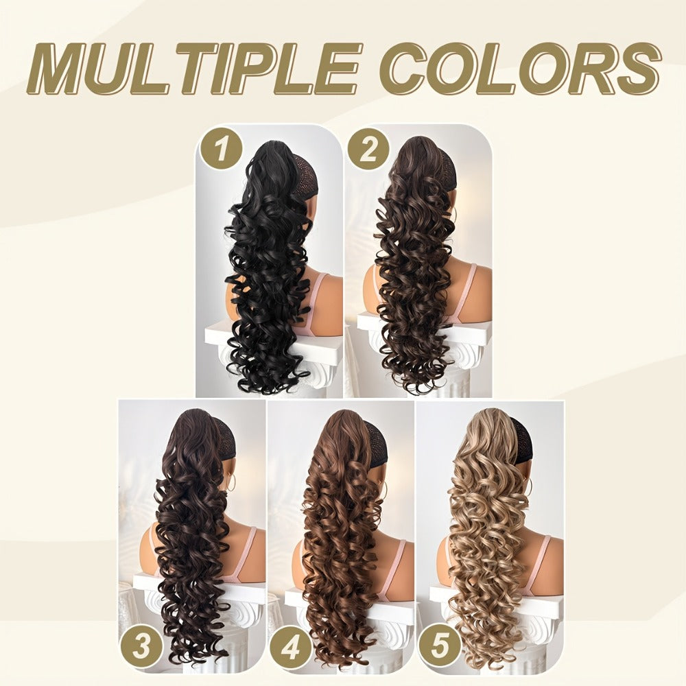 Curly Ponytail Extension 28 Inch Long Heat Resistant Synthetic Clip In Wrap Around Hairpiece Voluminous Bouncy Curls 4 Styles for Women Everyday Parties Festivals