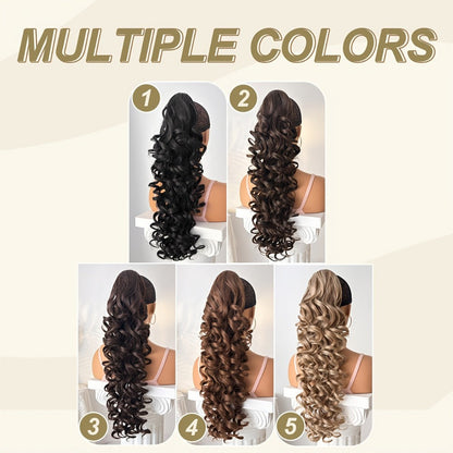Curly Ponytail Extension 28 Inch Long Heat Resistant Synthetic Clip In Wrap Around Hairpiece Voluminous Bouncy Curls 4 Styles for Women Everyday Parties Festivals