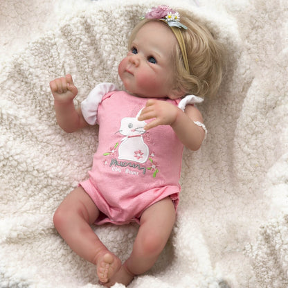 Reborn Baby Doll 16-Inch Cloth Body with Rooted Blonde Hair, Open Eyes, Pink Romper and Pacifier Set