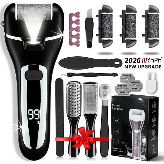 Electric Foot File 14-in-1 Rechargeable Pedicure Kit 3 Roller Heads Dead Skin Callus Remover Portable Foot Scrubber Professional Foot Care Tool for Women Men Black White Silver