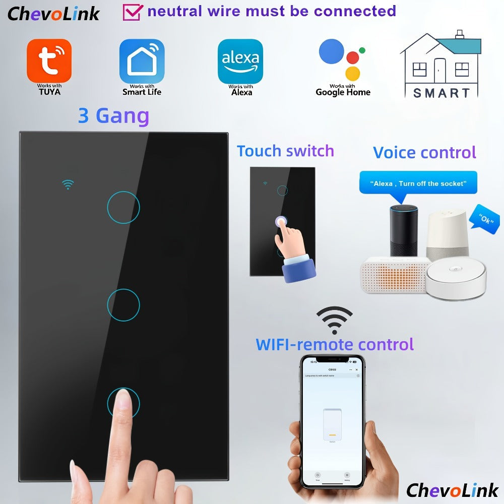 Black Glass WiFi Touch Wall Switch with One-, Two-, Three- or Four-Gang US-Style Options and Neutral-Wire Wiring