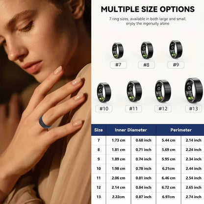 Smart Ring with Charging Case – Bluetooth 6.0 Fitness & Sleep Tracker, Steps, Calories, Remote Camera Control, iOS & Android Compatible, Sizes 7–13, Black Gold Silver