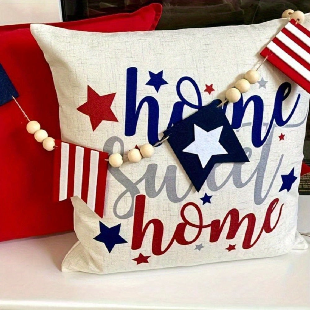 Patriotic Red, White and Blue Bunting Banner with Star Flags and Natural Wood-Bead Garland for Display