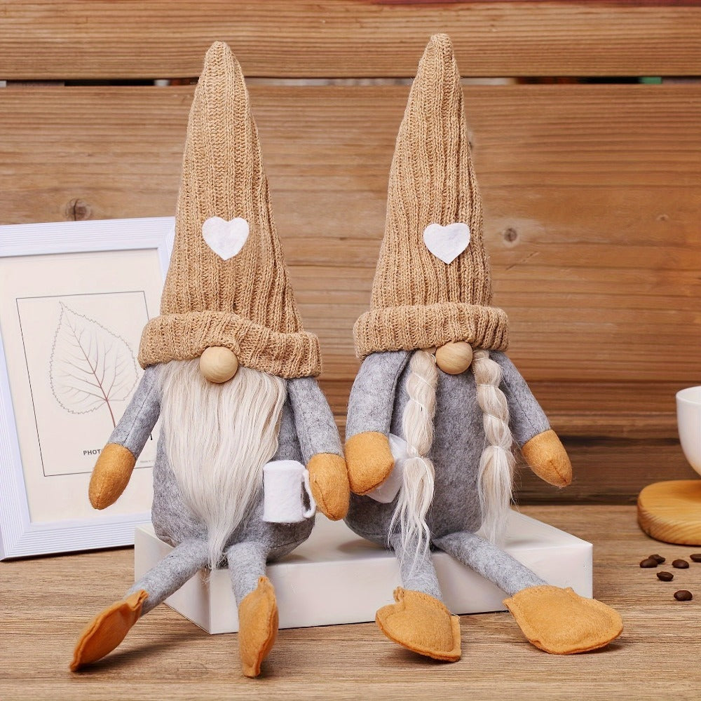 Sitting Gnome Figurine Set of Two with Long Heart-Accent Hats in Black, Khaki or Red Style Options